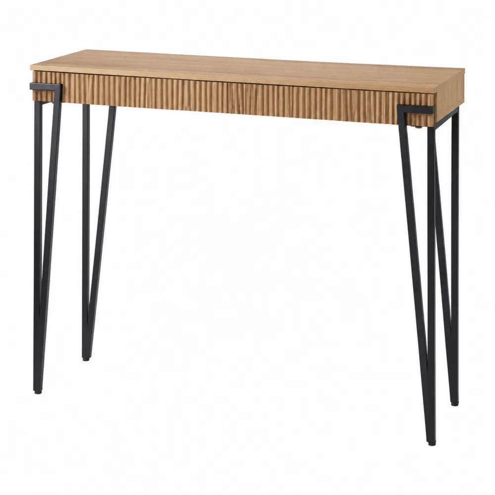 Tavolo consolle rettangolare 120 x 35 x 80 cm in pannello truciolare effetto rovere naturale con gambe in acciaio nero