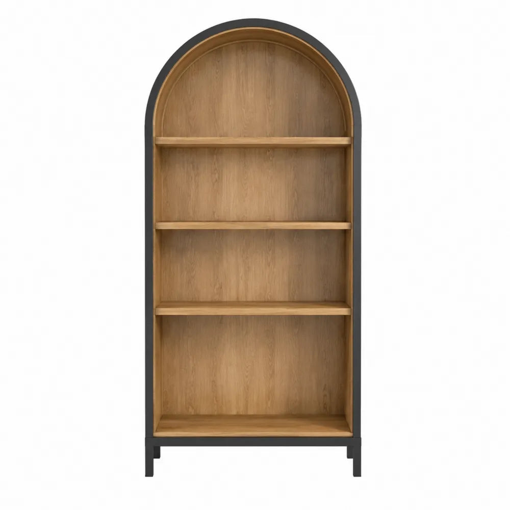 Libreria scaffale ad arco da interno in acciaio verniciato nero e MDF effetto legno naturale con 3 ripiani 80 x 35 x 180 cm