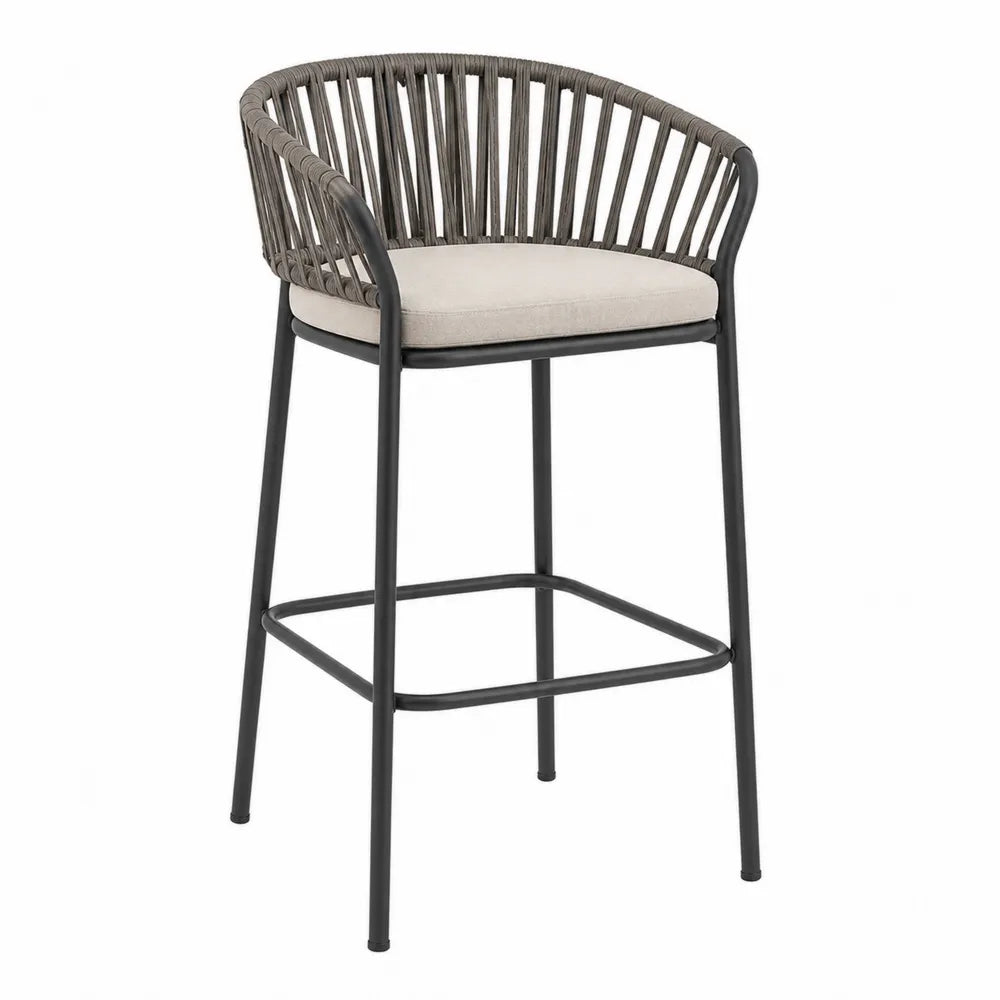 Sgabello da bar da esterno in acciaio nero con schienale intrecciato e cuscino beige 55 x 52 x 100 cm altezza seduta 65 cm