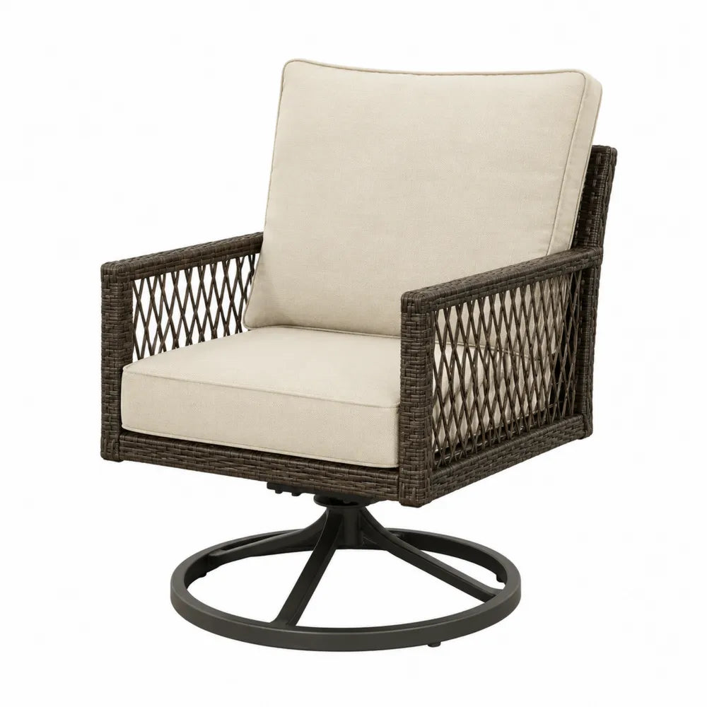 Poltrona da esterno girevole in rattan PE con struttura in acciaio nero e cuscini beige 80 cm x 85 cm x 90 cm
