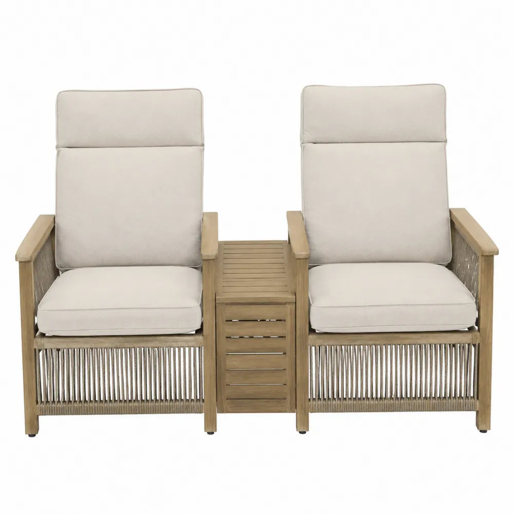 Set da esterno con 2 poltrone e tavolino centrale in legno di acacia con cuscini beige e corda intrecciata 190 x 80 x 90 cm