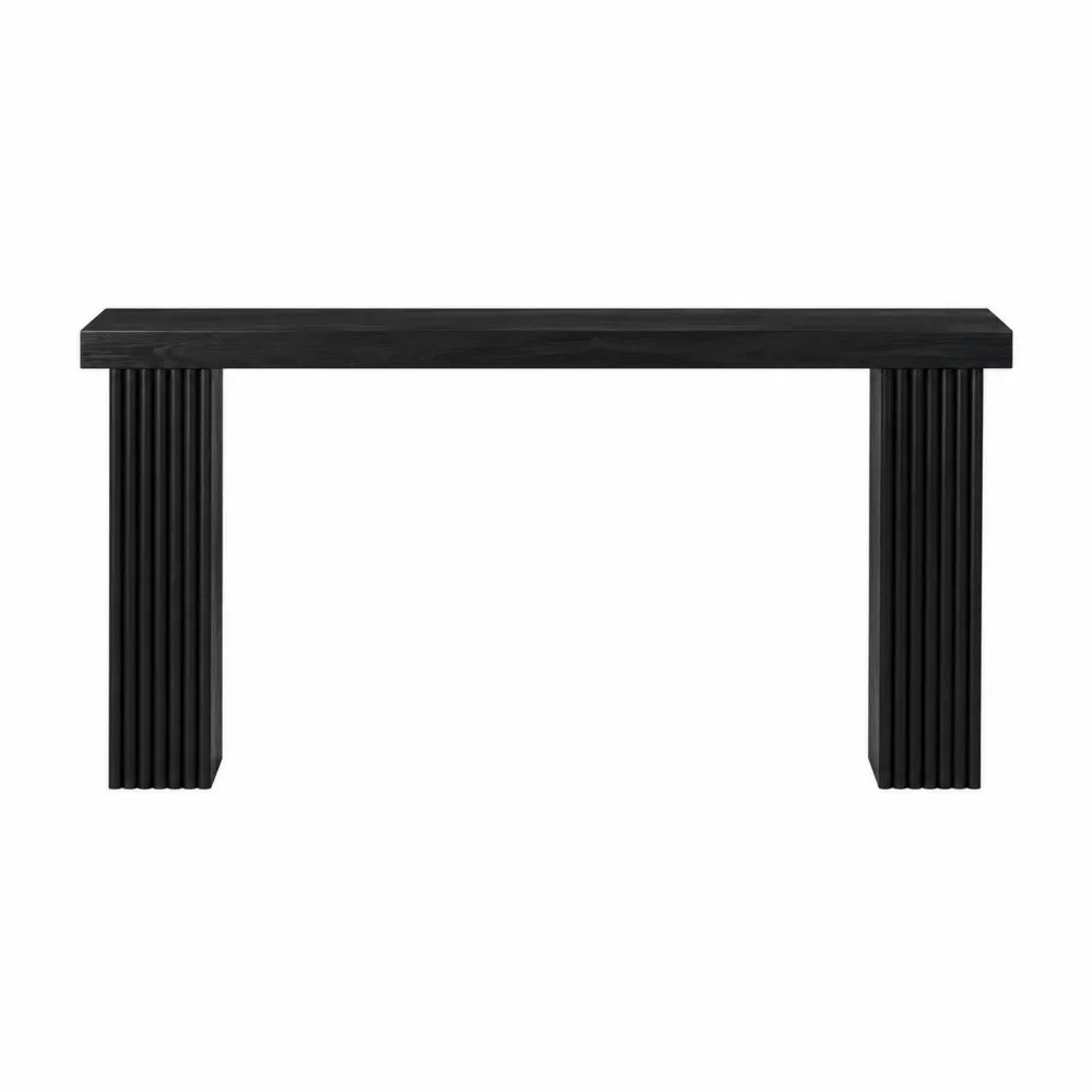 Tavolo consolle rettangolare in MDF e truciolare effetto legno nero con gambe a colonna scanalate 120 cm x 35 cm x 80 cm