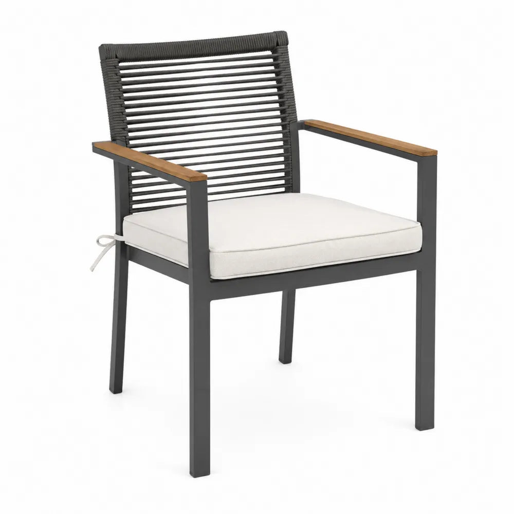 Sedia da esterno con braccioli in alluminio corda sintetica e legno acacia cuscino beige 60 cm x 65 cm x 88 cm