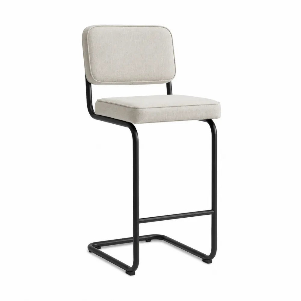 Sgabello alto da pranzo imbottito 45 x 55 x 95 cm in tessuto beige con struttura a slitta in acciaio nero