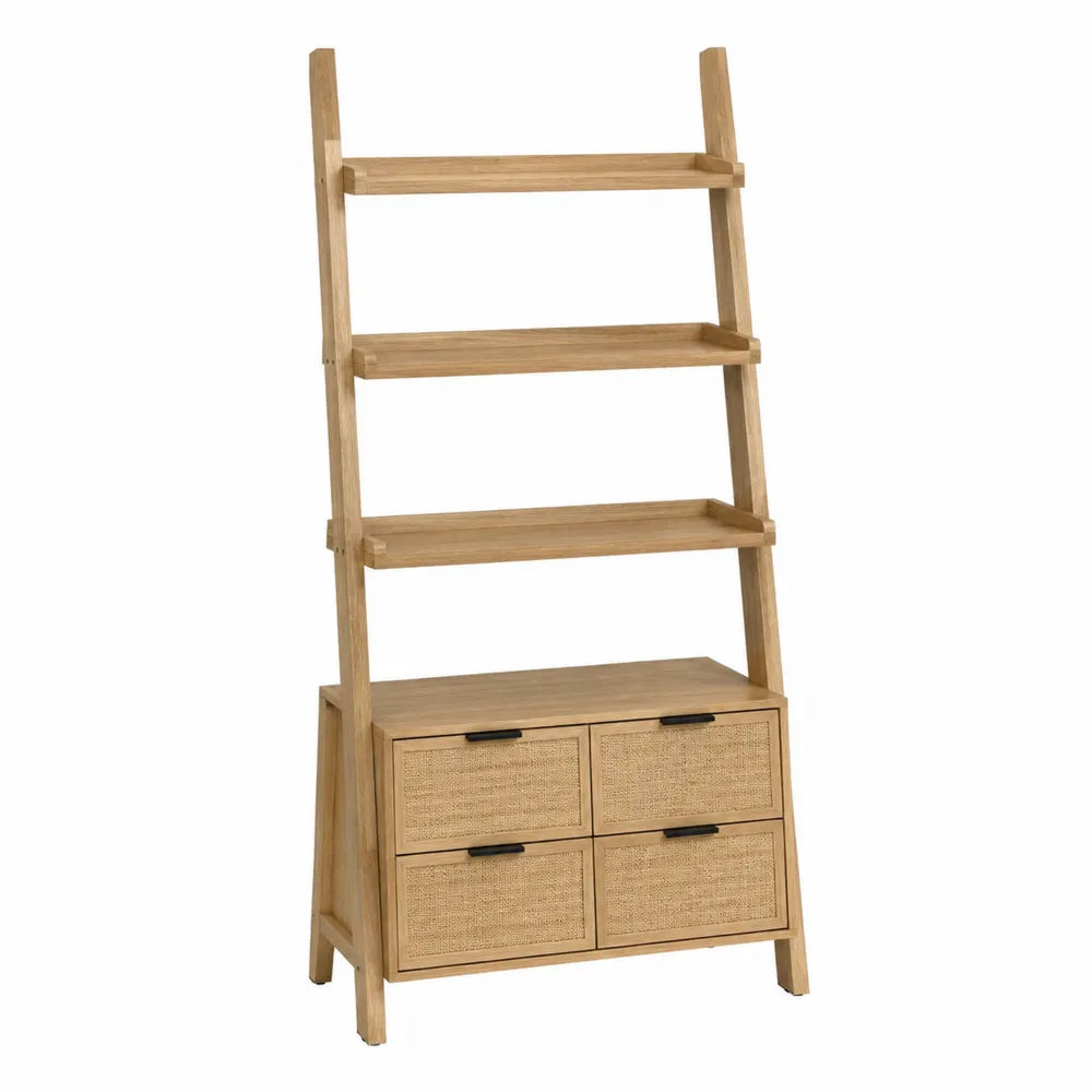 Scaffale a scala con contenitore e 4 cassetti in rattan MDF effetto legno naturale e struttura in legno 60 cm x 35 cm x 170 cm
