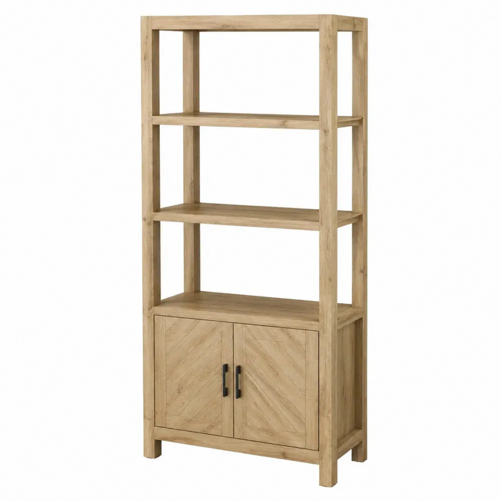 Libreria scaffale verticale da interno in MDF effetto rovere naturale con 3 ripiani aperti 2 ante inferiori e maniglie nere 80 x 35 x 180 cm