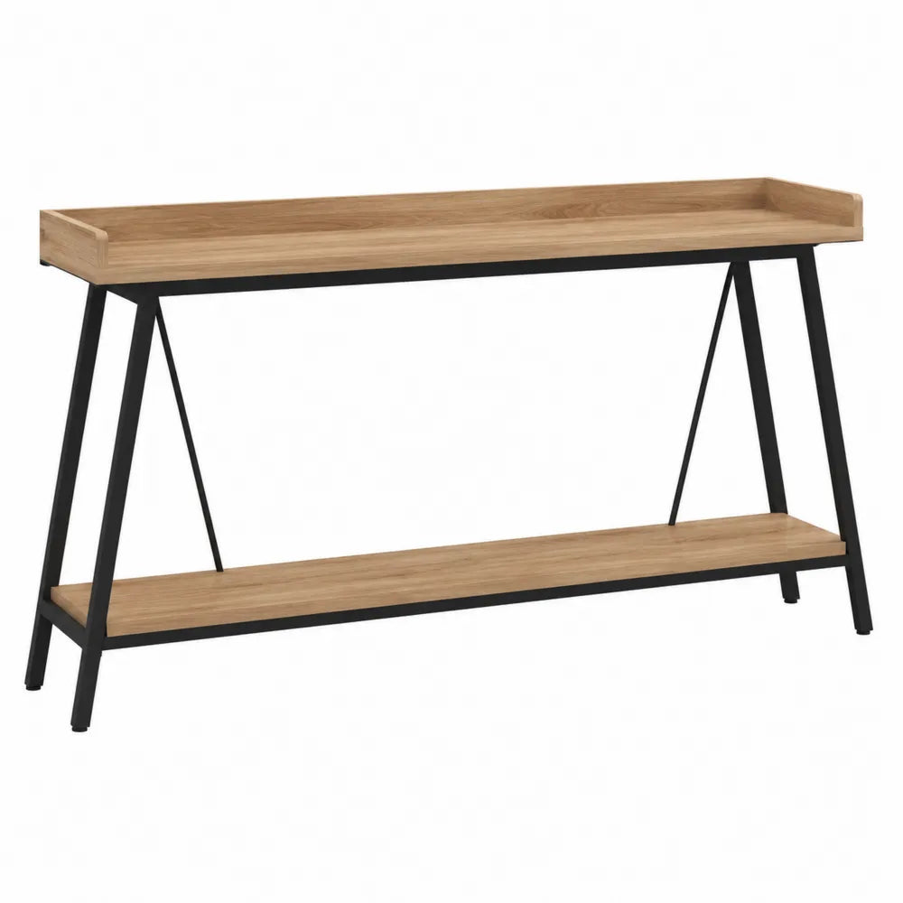 Tavolo consolle rettangolare con ripiano inferiore in truciolare effetto rovere e struttura in acciaio nero 120 cm x 35 cm x 80 cm