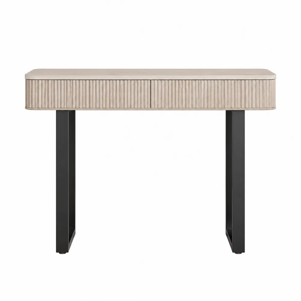 Tavolo consolle 120 cm x 35 cm x 80 cm in legno effetto rovere beige con cassetto centrale e struttura in metallo nero