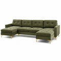 Divano angolare a L 280 cm x 160 cm x 80 cm in velluto verde con struttura in legno e gambe in metallo dorato seduta imbottita modulare