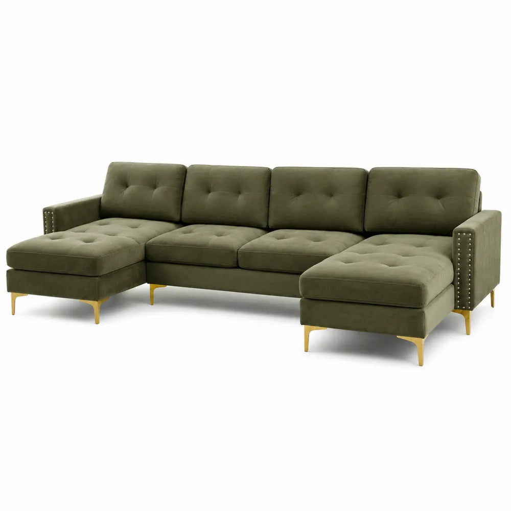 Divano angolare a L 280 cm x 160 cm x 80 cm in velluto verde con struttura in legno e gambe in metallo dorato seduta imbottita modulare