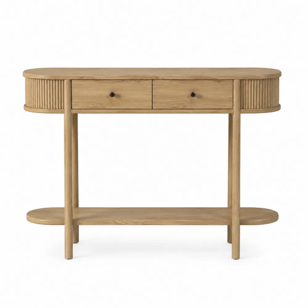 Tavolo consolle 120 cm x 35 cm x 80 cm in legno effetto rovere chiaro con doppio cassetto e ripiano inferiore struttura in legno e MDF
