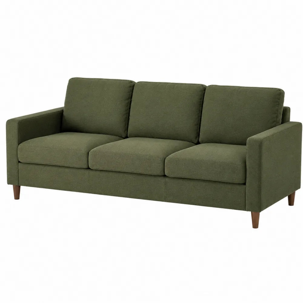 Divano lineare a 3 posti in tessuto poliestere verde oliva con gambe in legno 210 x 85 x 85 cm
