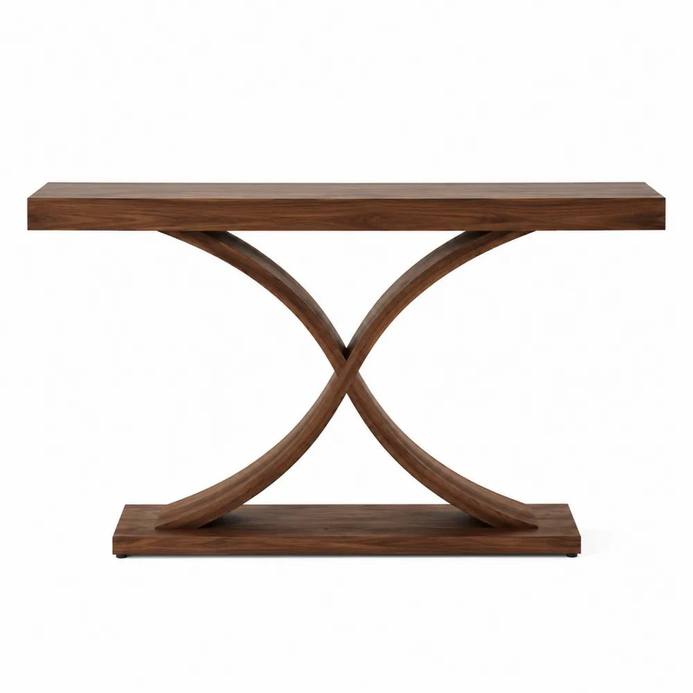 Tavolo consolle rettangolare in MDF effetto noce con gambe centrali incrociate 140 cm x 35 cm x 80 cm
