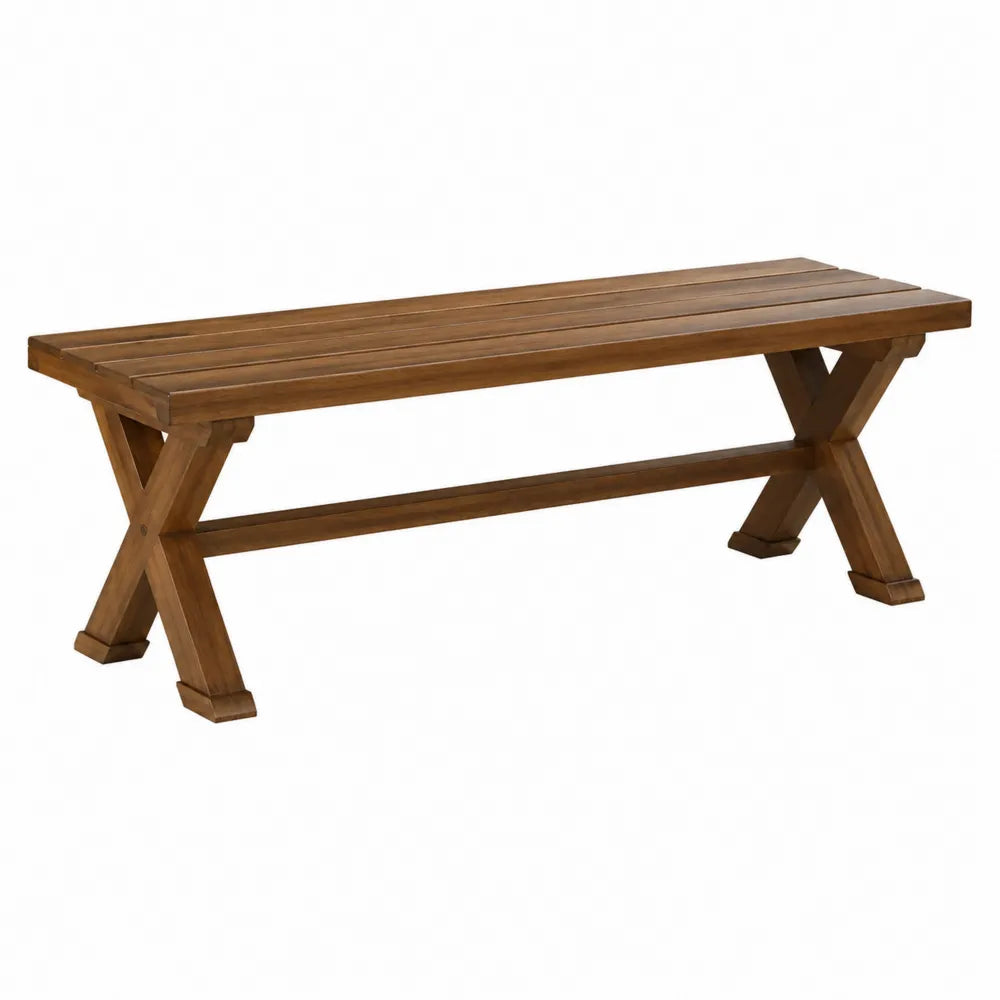 Panca da esterno in legno massello di acacia marrone naturale con struttura a X e seduta a doghe 160 x 40 x 45 cm