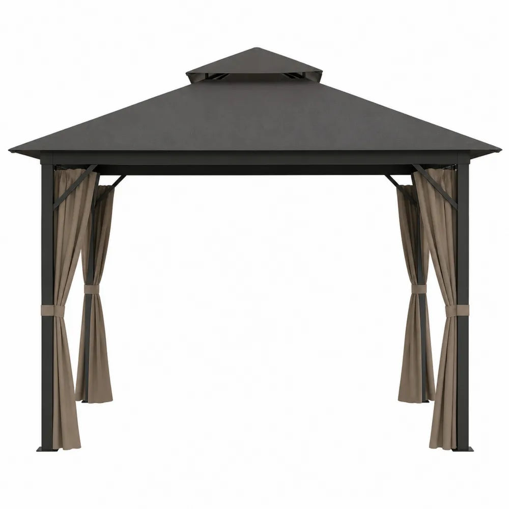 Gazebo da giardino quadrato con tende laterali in acciaio verniciato a polvere e tessuto poliestere nero beige 300 x 300 x 280 cm