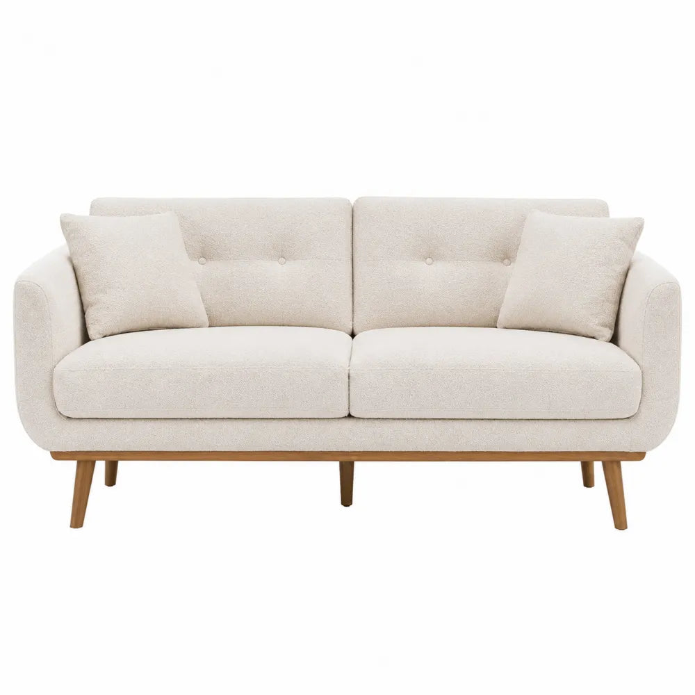 Divano lineare a 2 posti in tessuto bouclé beige chiaro con gambe in legno 170 x 85 x 80 cm