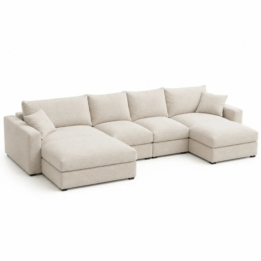 Divano angolare a L 300 cm x 160 cm x 85 cm in tessuto beige con chaise longue struttura in legno e imbottitura in schiuma