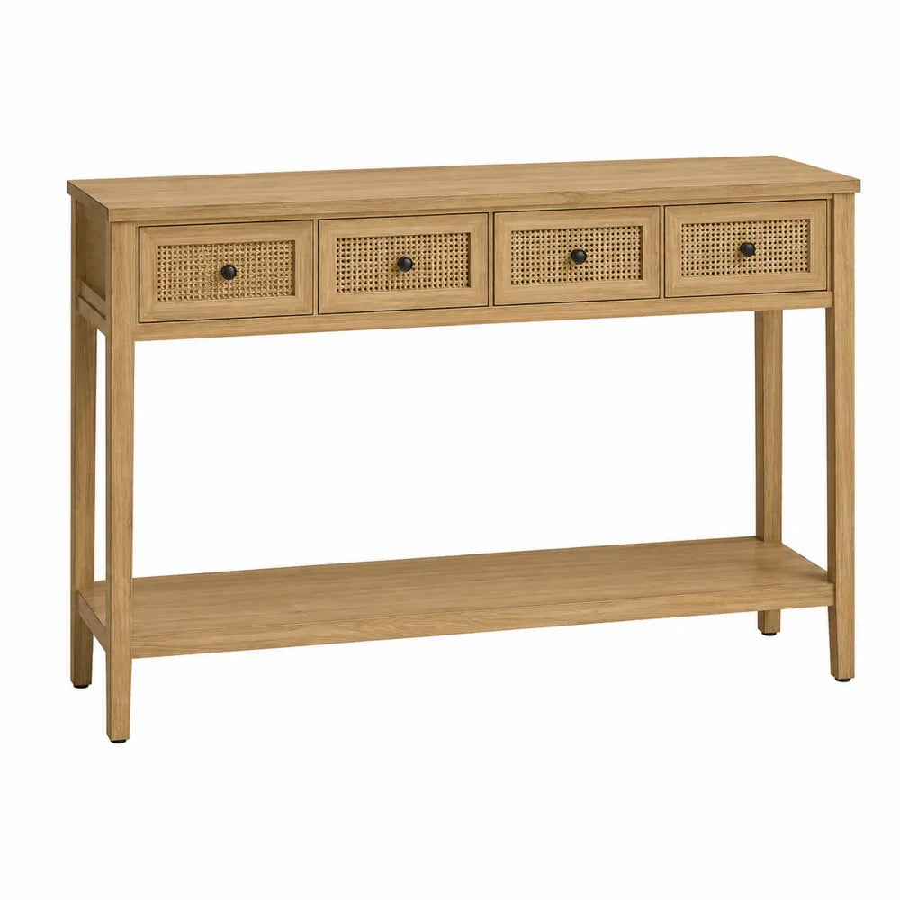 Tavolo consolle contenitore rettangolare in truciolare effetto rovere chiaro con 4 cassetti e ripiano inferiore 140 cm x 40 cm x 80 cm