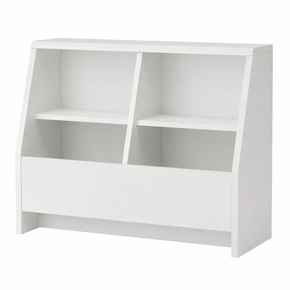 Libreria scaffale rettangolare da interno in pannello truciolare bianco con ripiani inclinati divisori e vano inferiore 120 x 30 x 120 cm