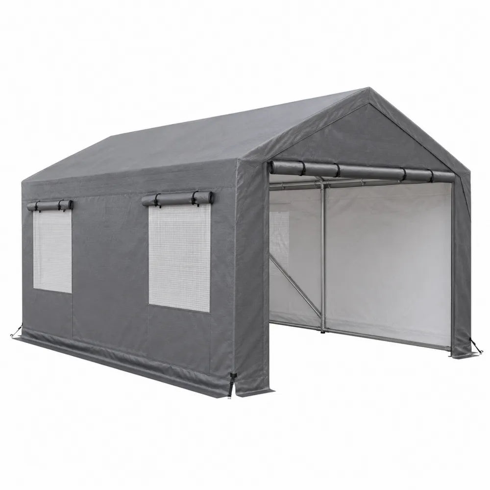 Garage per moto da esterno in acciaio con telo Oxford impermeabile grigio 240 cm x 180 cm x 220 cm porta avvolgibile e finestre laterali