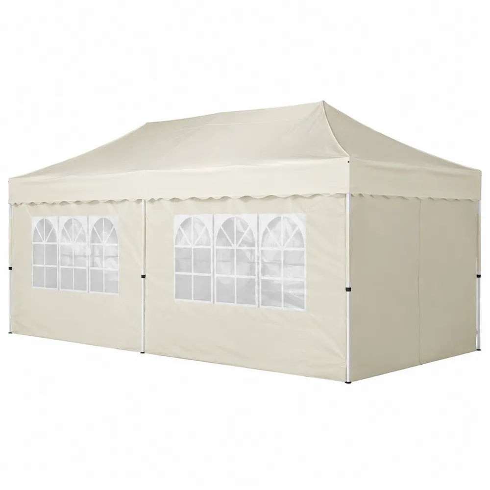 Gazebo da giardino rettangolare 3 x 6 m con pareti laterali e finestre in PVC struttura in acciaio verniciato telo poliestere beige 600 x 300 x 280 cm