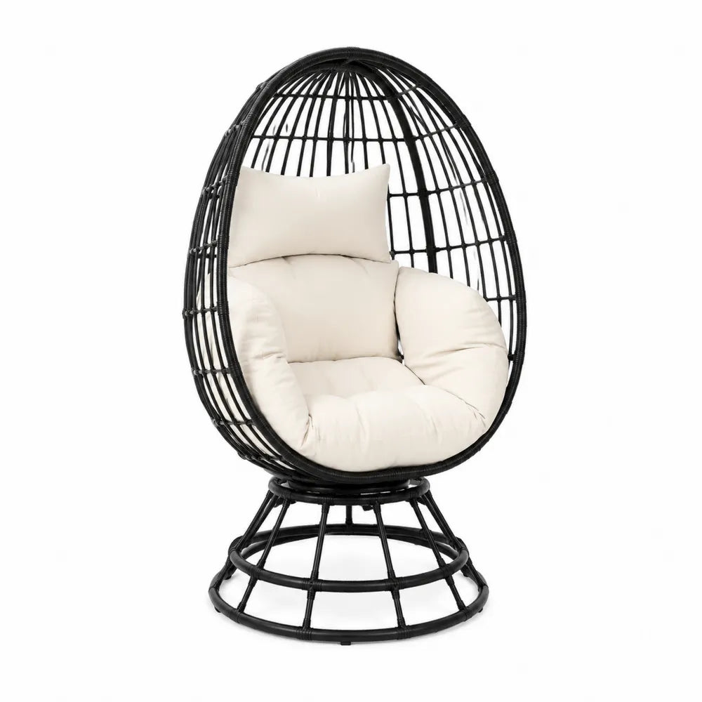 Poltrona a uovo da esterno con supporto in acciaio verniciato a polvere e intreccio in rattan PE nero cuscini beige 105 x 95 x 195 cm