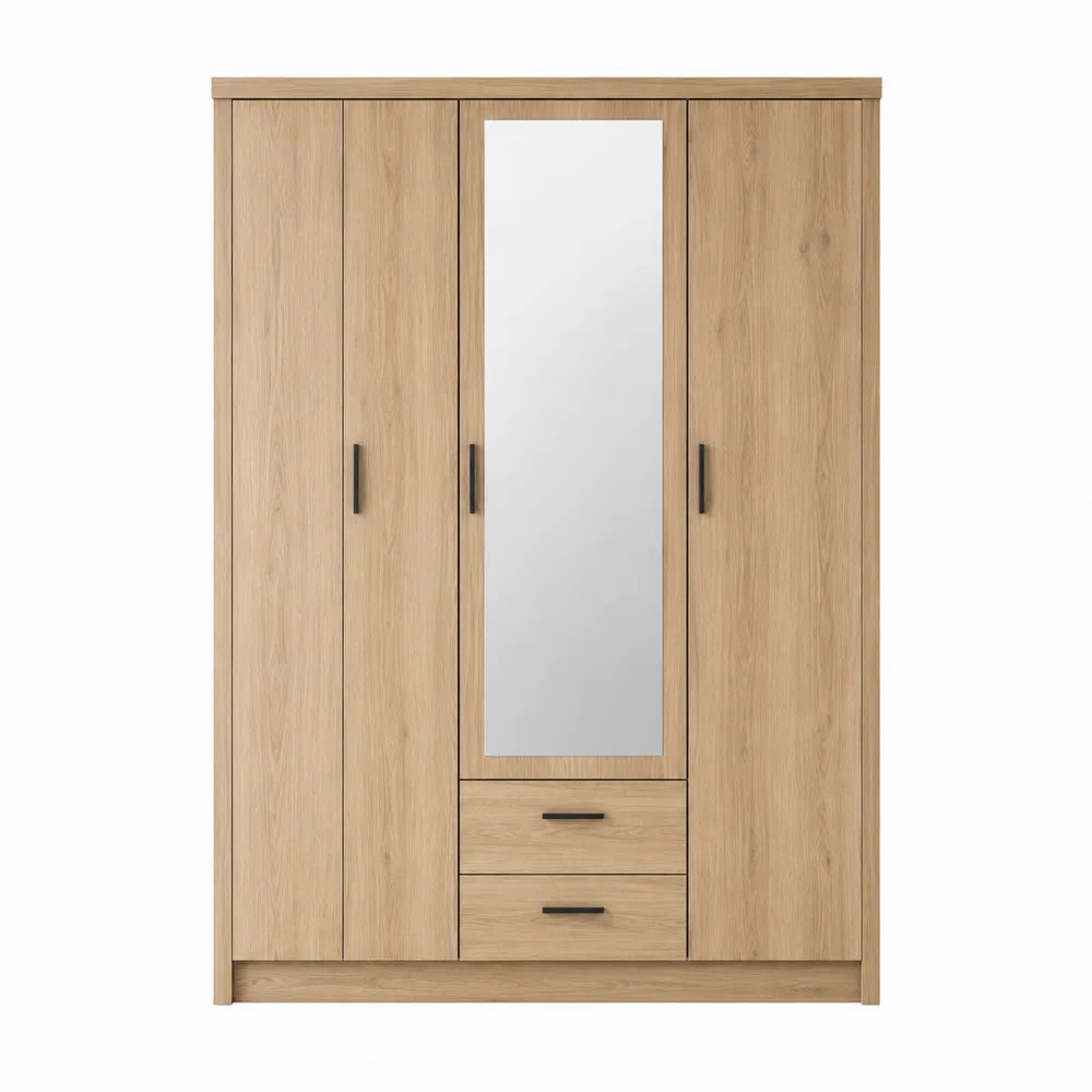Armadio guardaroba 160 x 52 x 200 cm 4 ante con specchio 2 cassetti struttura in pannello truciolare e MDF finitura rovere naturale e nero