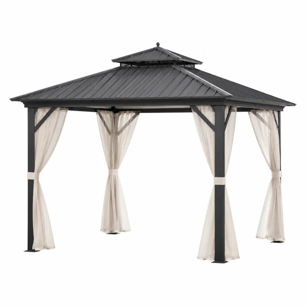 Gazebo da giardino quadrato 300 x 300 x 280 cm in acciaio verniciato a polvere con tetto rigido in acciaio grigio scuro e tende beige